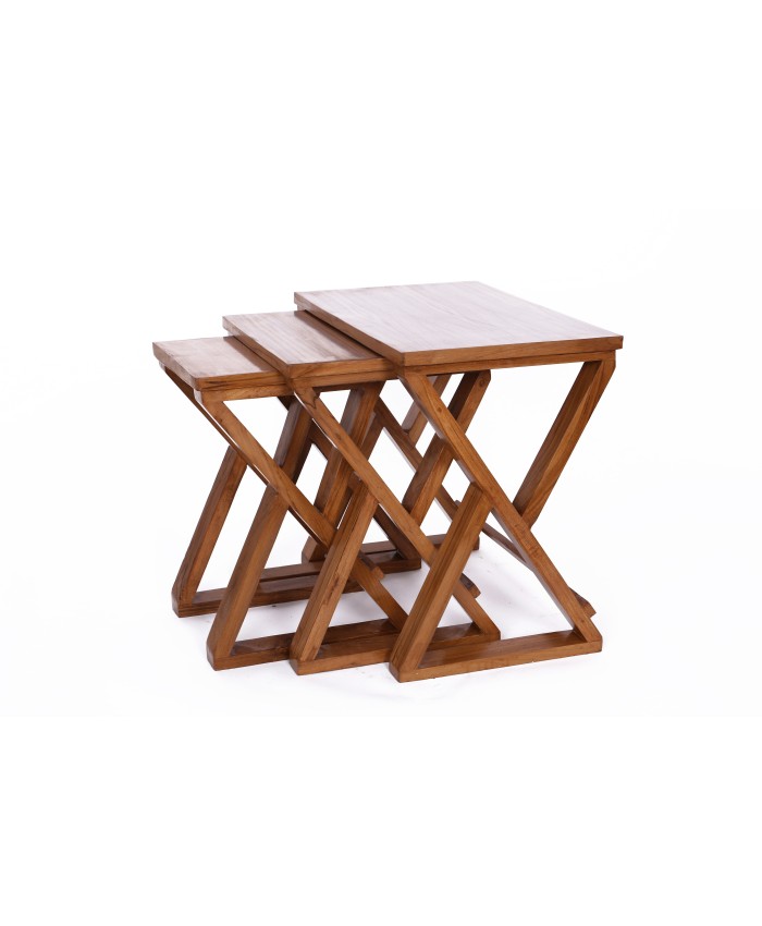 Natural Teak  Wooden Cross Nesting Table-Set Of Three